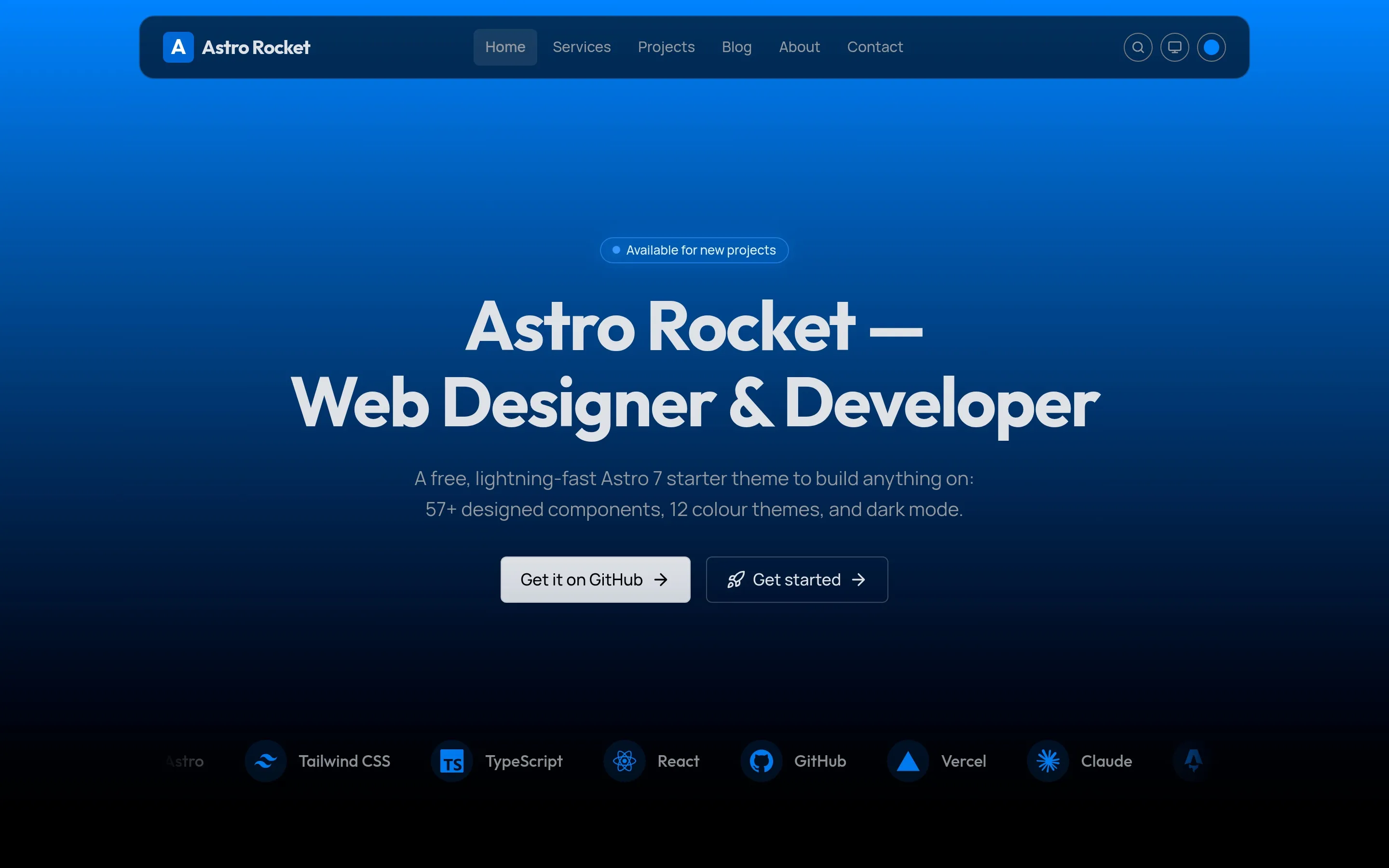 Astro Rocket — my open-source Astro 7 theme, shown on its astrorocket.dev demo.